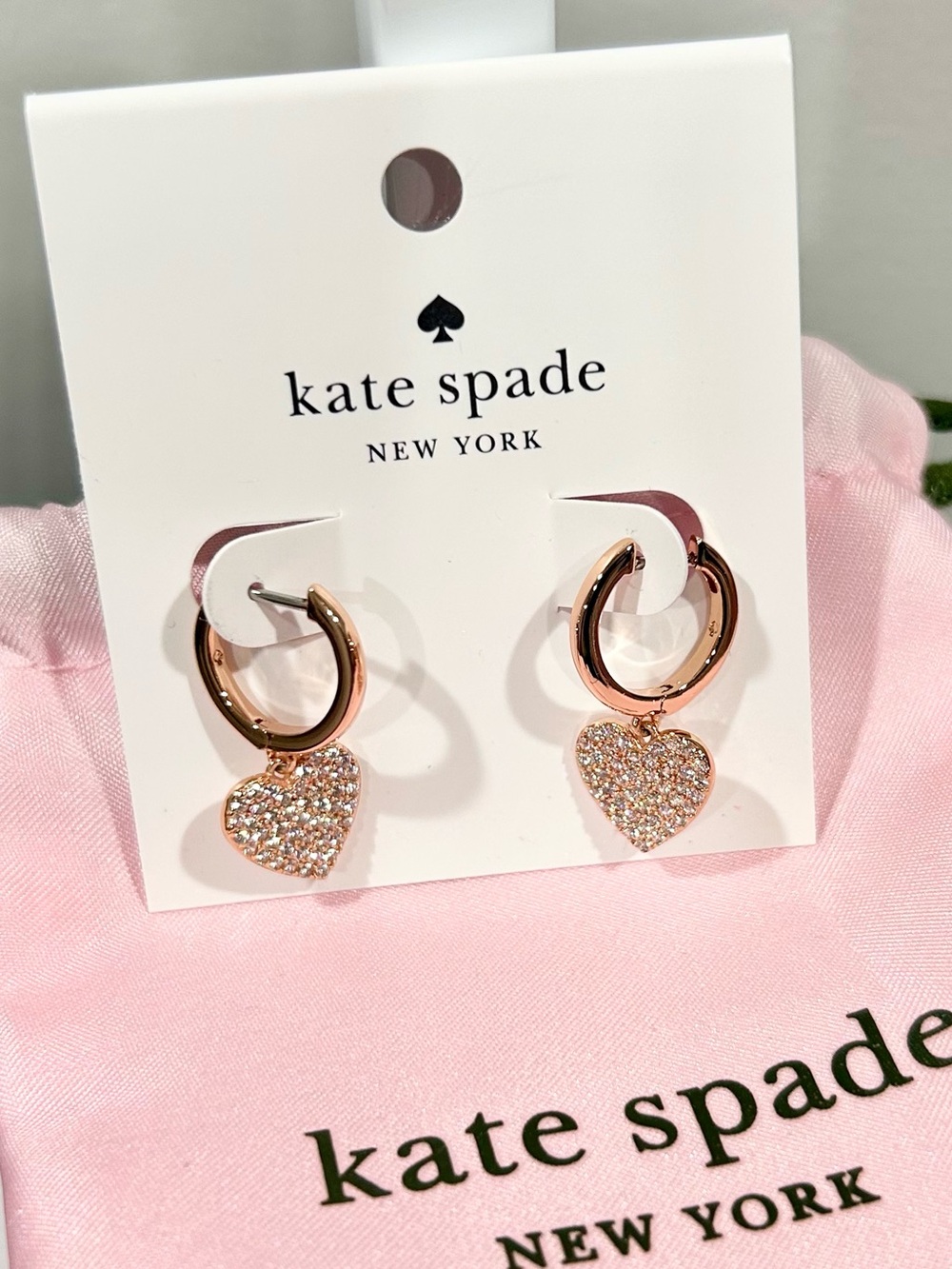 kate spade Rose Gold Heart Hoop Earrings with Pink Pavé Hearts